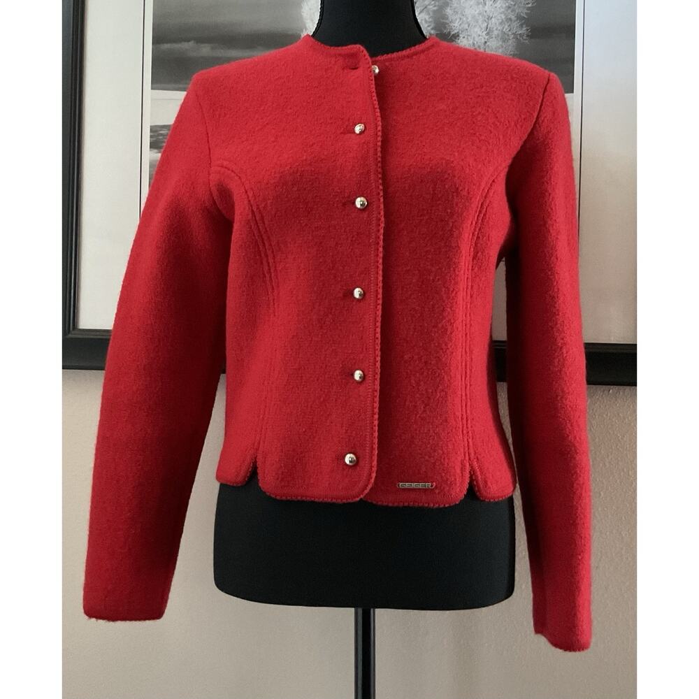 Vintage Geiger Austria Women 100% Virgin Wool Jacket Blazer Size 40 Red See Meas